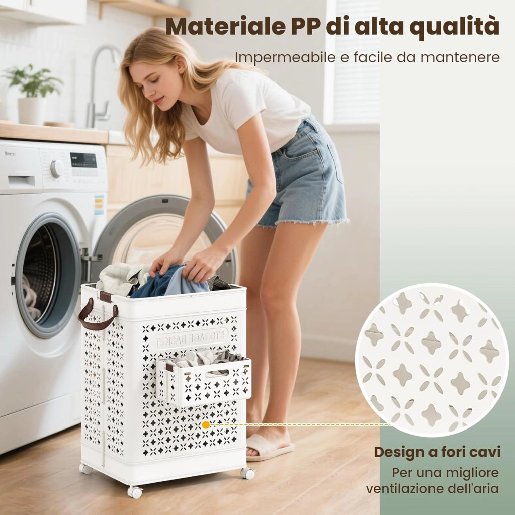 Cesto Portabiancheria Grande 75 L, Cesto in Plastica 43,5 x 34 x 61 cm con 4 Ruote e Cestino per Biancheria Intima e Maniglie, Borsa da Bucato, Bianco