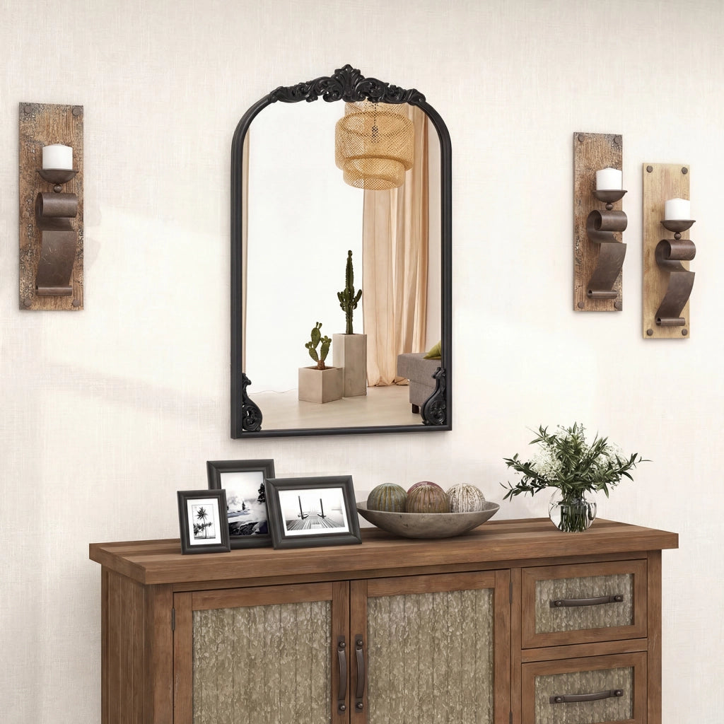 Specchio da parete ad arco barocco ornato con cornice in metallo, Specchio da parete 76 x 51 cm Nero