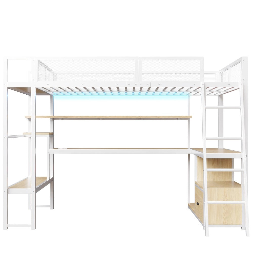 Letto a Soppalco Gaming in Metallo con Scrivania, LED e Contenitore ¨C MINIMAL ¨C Bianco 140x200
