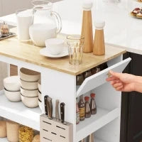 Carrello Isola da Cucina con Ripiani Regolabili, Portacoltelli e Piano in Legno, 86.5x47x88 cm, Bianco