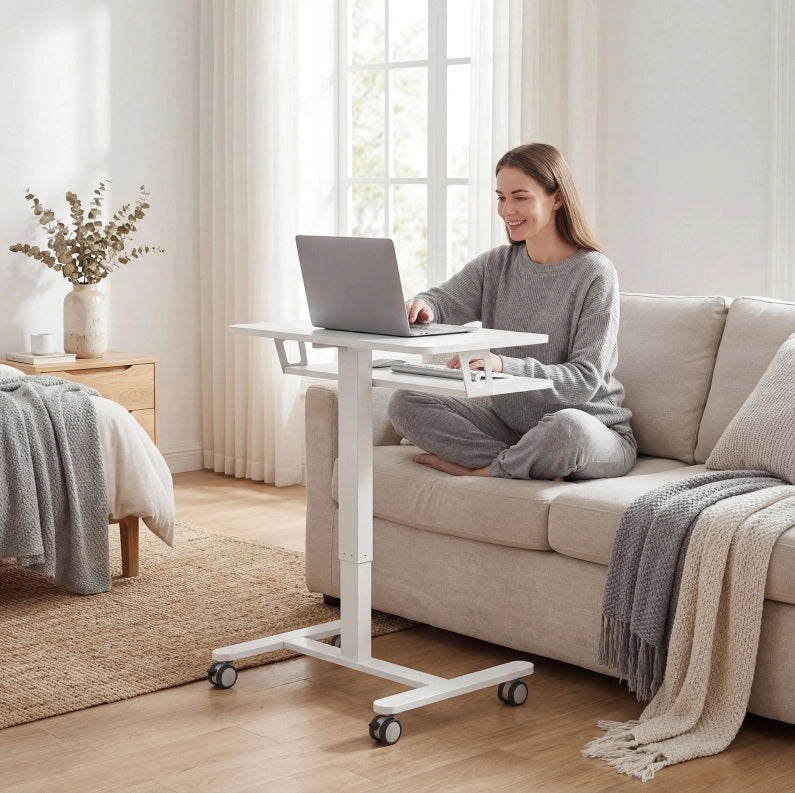 Scrivania sit-stand 65x60 cm bianca， altezza regolabile， con ruote