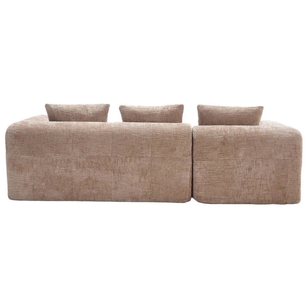 Divano angolare 3 posti con chaise longue e braccioli ¨C Minimal ¨C tessuto chenille khaki con 3 cuscini e tasca laterale