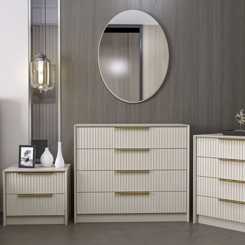 Cassettiera 4 cassetti con specchio Kale cashmere effetto cannettato 100x45x85H