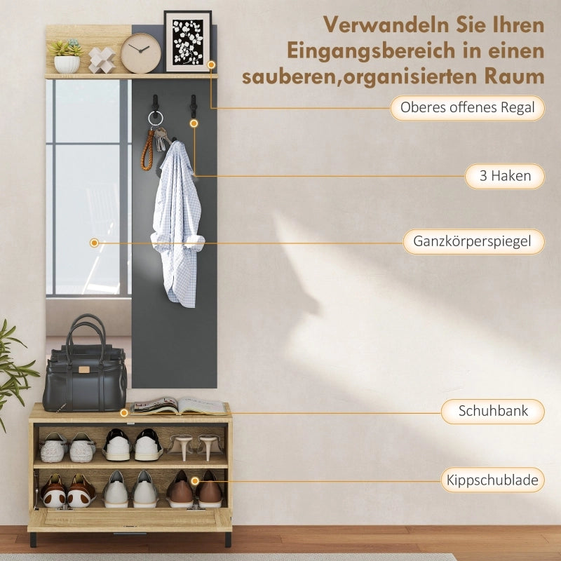 Scaffale da ingresso con specchio intero, 3 ganci e panca per scarpe in MDF effetto legno naturale e grigio