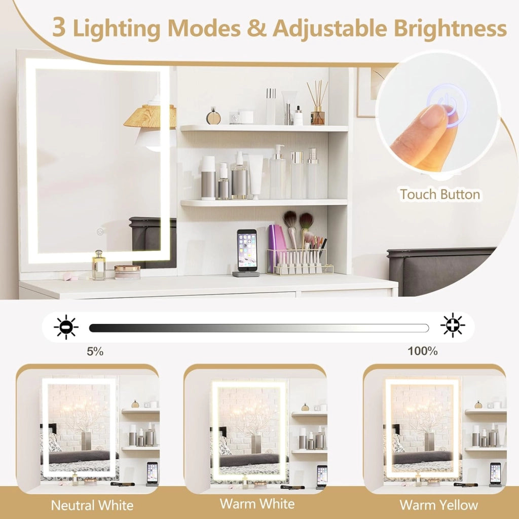 Tavolo da Trucco con Specchio e Luci, Tavolo da Toeletta con Stazione di Ricarica, 3 Modalità di Illuminazione, Scaffali, Cassetto, Sgabello Imbottito con Spazio di Archiviazione, Bianco