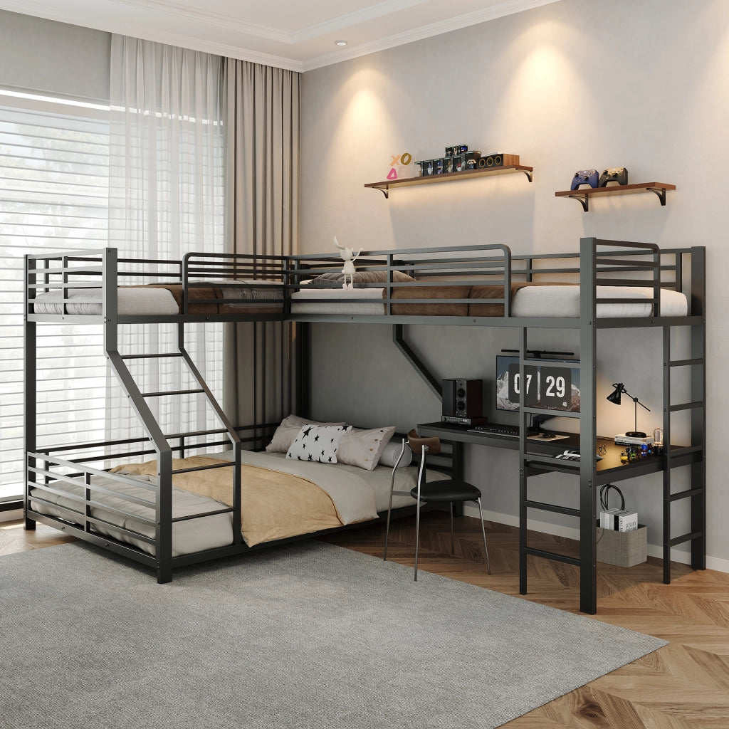Letto a soppalco a 3 posti 90 × 200 cm et 140 × 200 cm con scrivania, presa USB e Type-C, senza materasso, nero