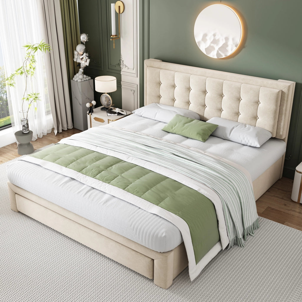 OKWISH Letto Contenitore 160×200 cm, Letto Matrimoniale con Testiera Regolabile, Contenitore e Sollevamento Idraulico, senza Materasso, Beige