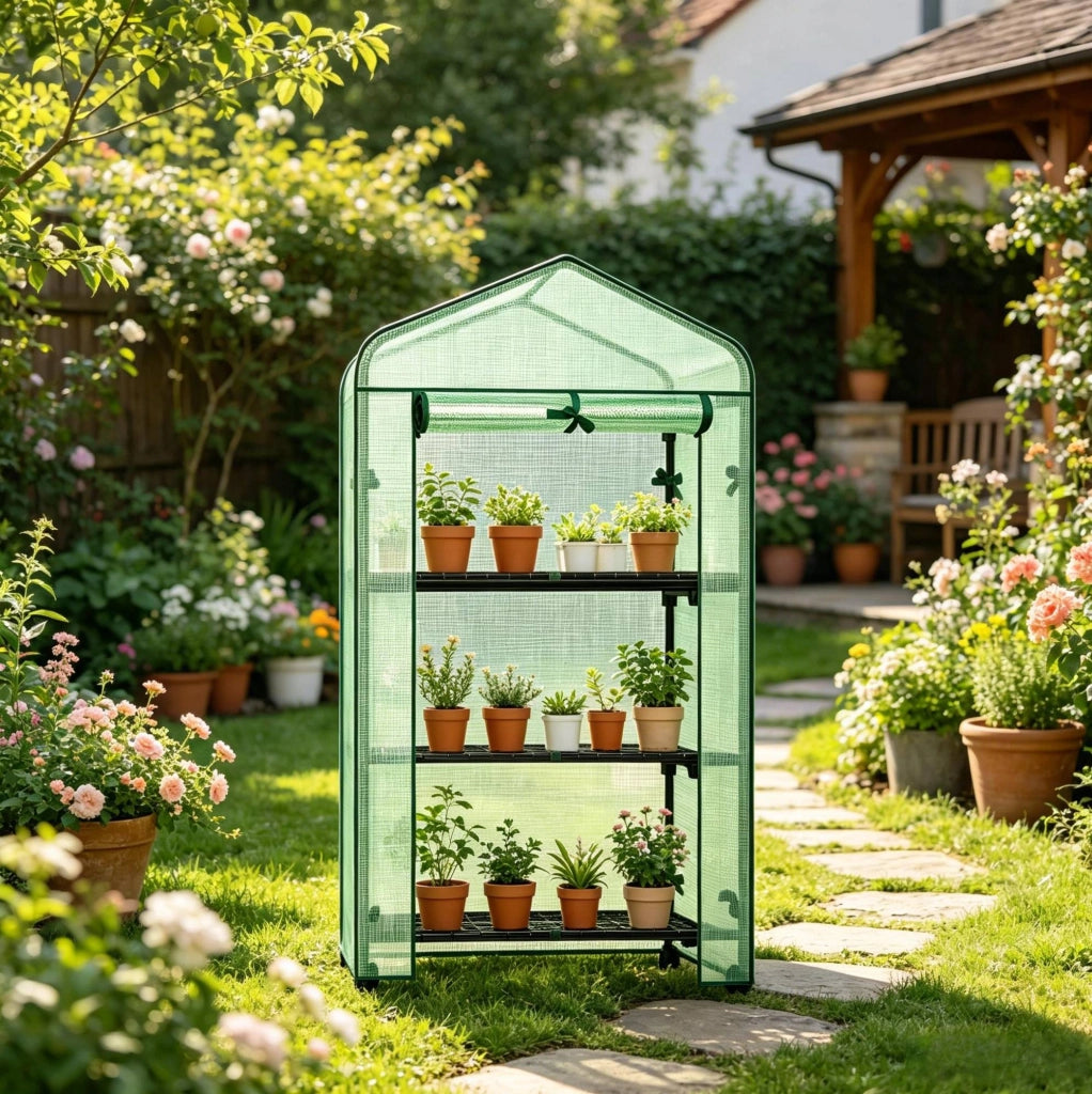 Piccola serra da giardino su ruote 70 x 50 x 131 cm verde in PE e acciaio