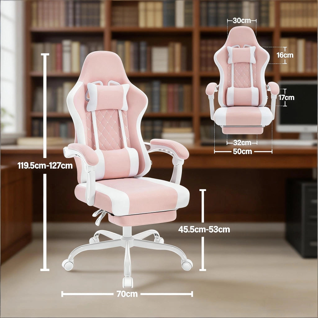 Sedia da ufficio ergonomica girevole con funzione massaggio, poggiapiedi e tessuto mesh rosa e bianco