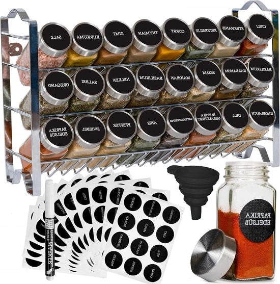Organizzatore per Spezie 3 Livelli con Bicchieri per Spezie Metallico per la Cucina con 24 Bicchieri per Spezie 48 Etichette Pennello Filtro Ganci Libero o Appendiwall Cromo