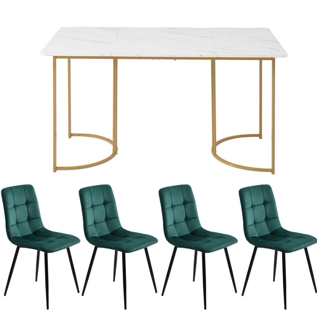 Tavolo da pranzo con 4 sedie 140x80 cm; effetto marmo; metallo; MDF; bianco
