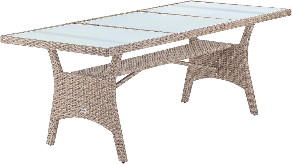 Tavolo da Giardino in Polyrattan 190x90x74cm con Ripiano in Vetro Altezza Regolabile da Pranzo per Terrazza Esterno