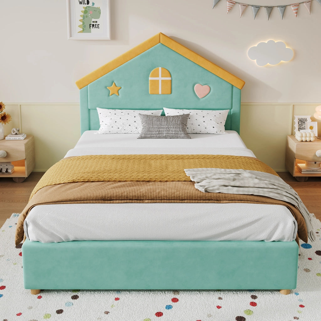 Letto per bambini a casetta 140 × 200 cm con 4 cassetti, senza materasso, in velluto, bluverde