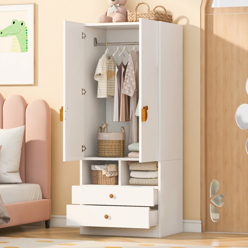 Scaffale a doppia porta con due cassetti e piccoli scomparti in MDF bianco per camera da letto 70 × 50 × 170 cm