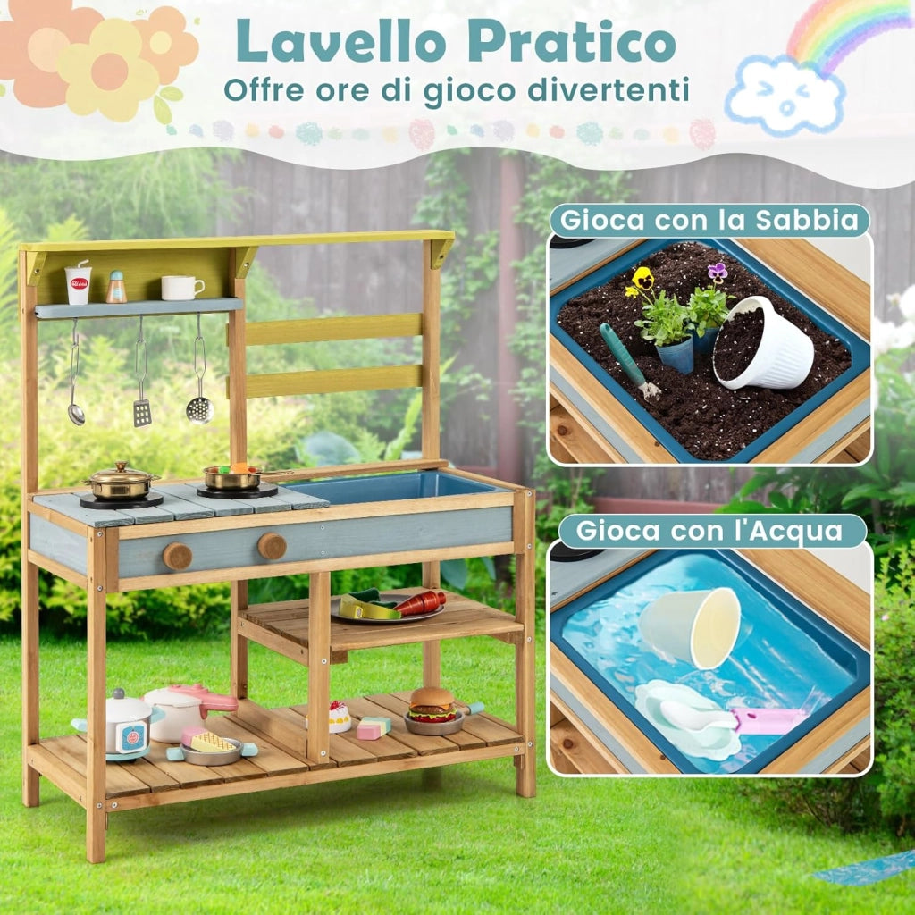 Cucina Giocattolo per Giardino, Cucina per Bambini con 2 Fornelli a Manopola, Lavandino e 3 Ganci, Set Cucina con Ripiani Aperti, 75 x 36 x 92 cm (Naturale, Senza Serbatoio dell'acqua)