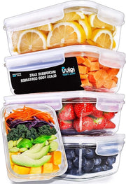 Contenitori di Cibo in Vetro per Meal Prep con Chiuse a Veloce Apertura Transparenti - Contenitore Portionabile Aria Tettato - BPA Libero - Resistente al Microonde e al Congelatore e alla Cottura a Vapore - 5 Pezzi - Coperchio Extra