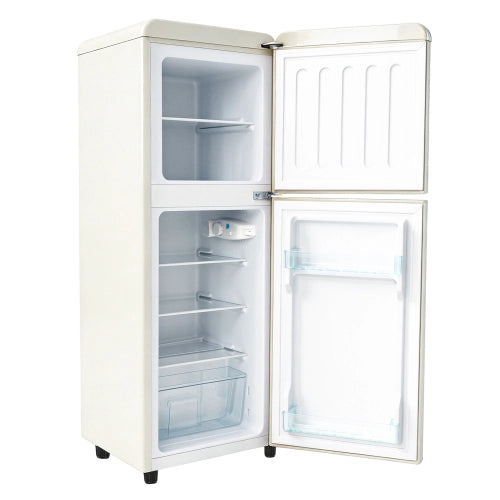 Frigorifero a doppia porta (112L) – controllo della temperatura a 7 livelli; classe di efficienza energetica E; luce LED; ripiani regolabili e portauova – Crema