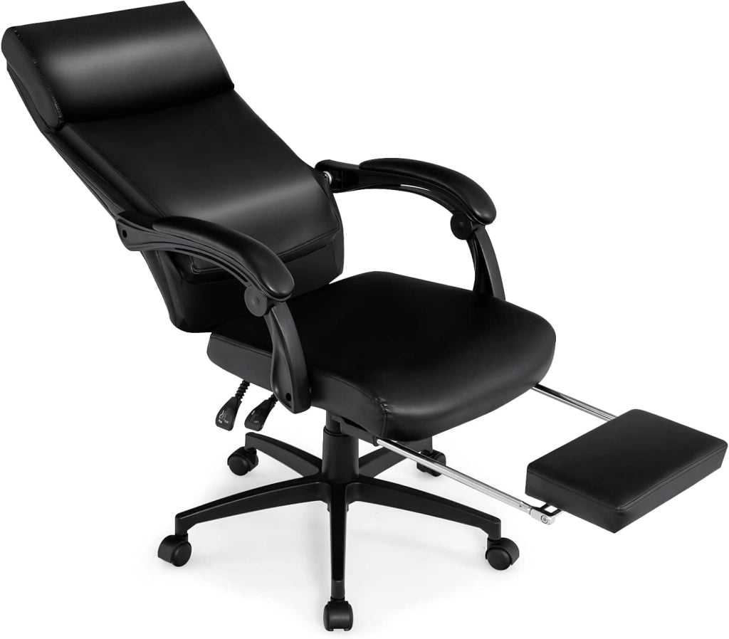Sedia da Ufficio Girevole a 360°, Poltrona con Schienale Alto in Pelle Reclinabile, Altezza e Schienale Regolabile, Ergonomica Poggiatesta, Bracciolo e Poggiapiedi, Ruote, Portata 150 kg