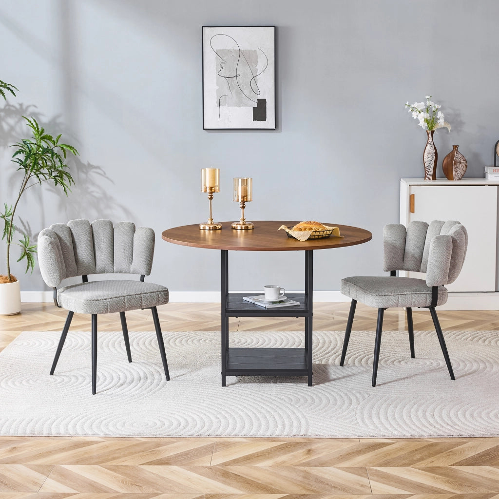 Set tavolo cucina e sedie con 1 tavolo rotondo e 2 sedie; doppio ripiano; in mdf; tessuto e metallo noce e grigio chiaro