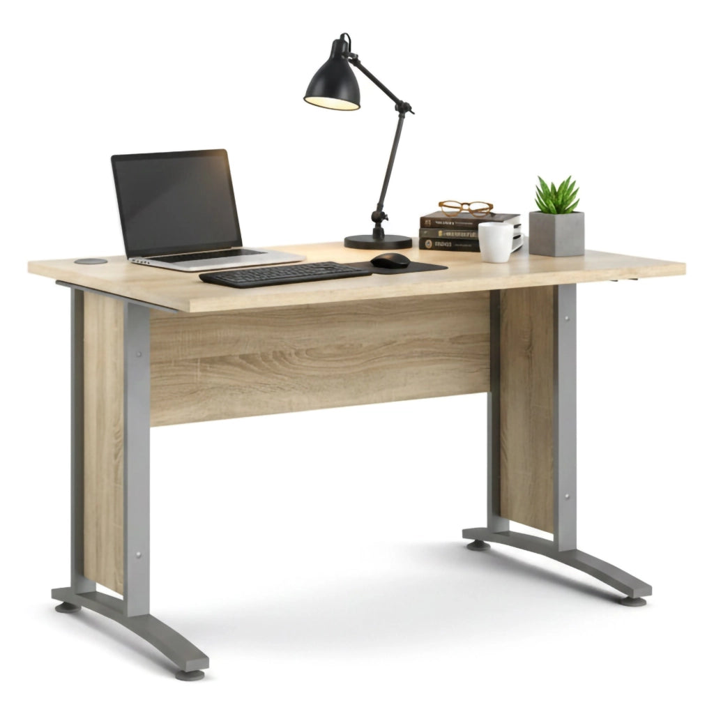 Scrivania Amigos, Scrittoio multiuso, Tavolo per ufficio porta PC, Piano di lavoro, 120x80 h75 cm, Grigio e Quercia