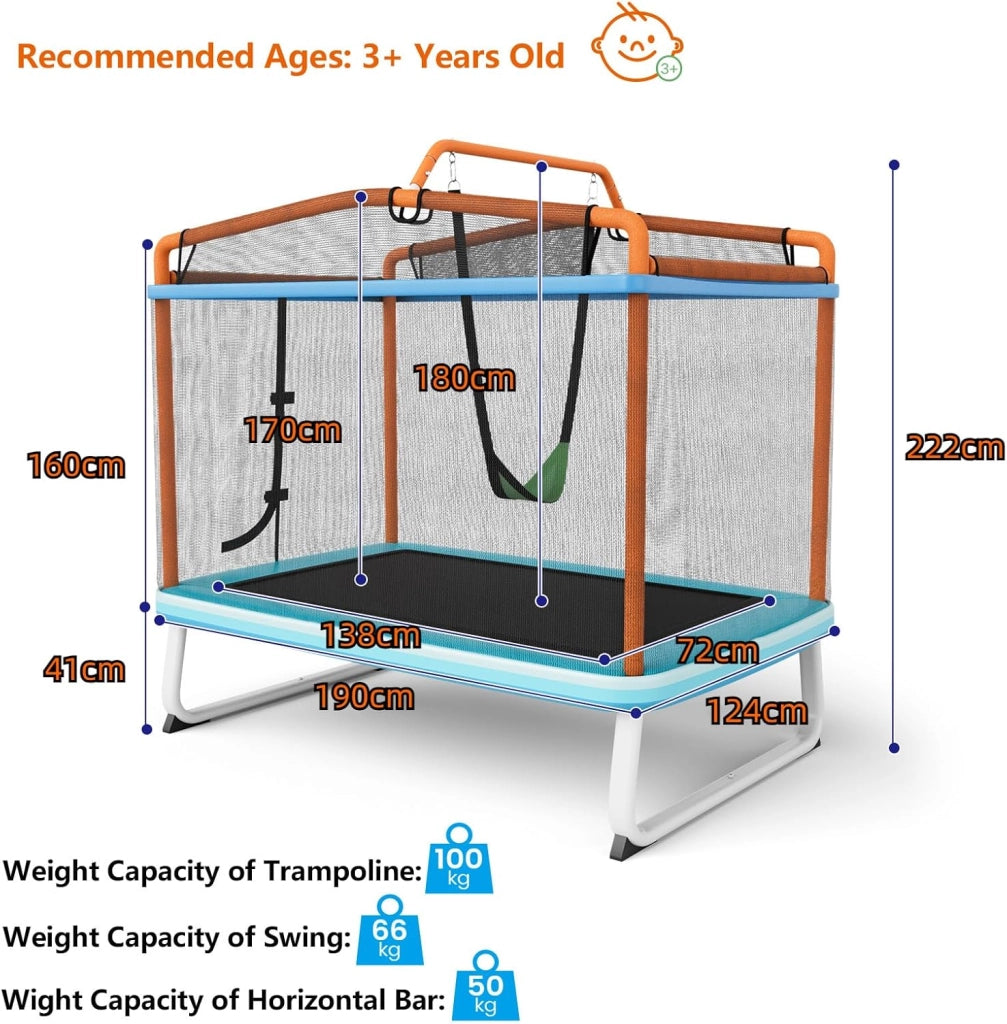 Trampolino per Bambini 3-8 Anni, Tappeto Elastico Bambini 3 in 1 con Altalena Rimovibile e Barra Orizzontale, Saltarello da Esterno e Interno, Portato 110 kg, 190 x 124 x 172 cm