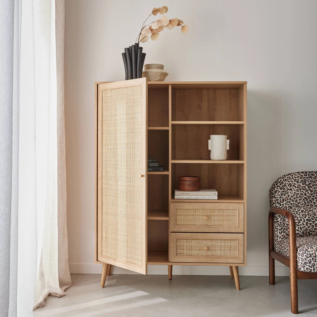 Credenza con decoro in canna e legno, 101.5cm, marrone naturale