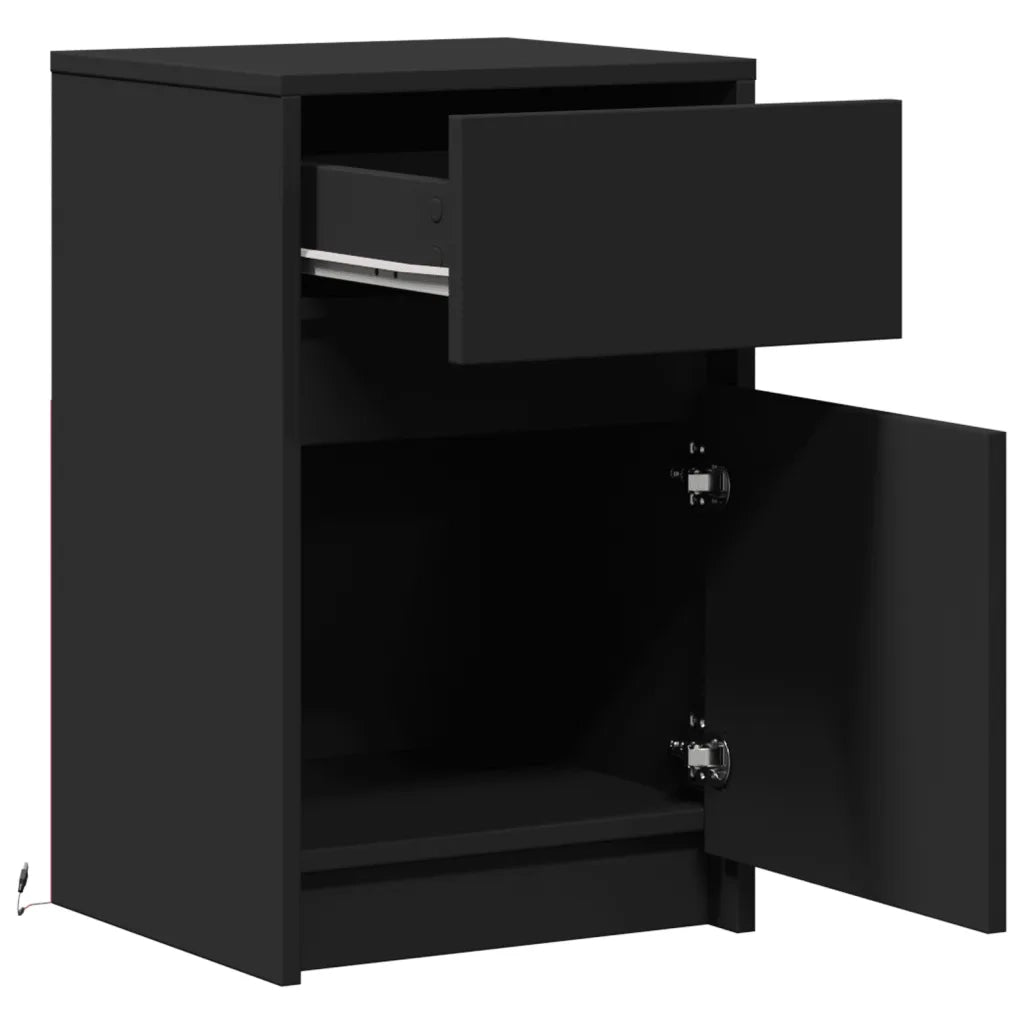 Comodino con Luci LED-Tavolino da notte Nero in Legno Multistrato 672441
