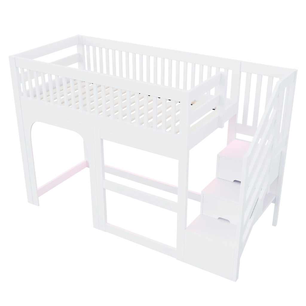 Letto a soppalco singolo 90×200 cm con scaletta contenitore; LED; sponde di sicurezza; senza materasso; legno; bianco