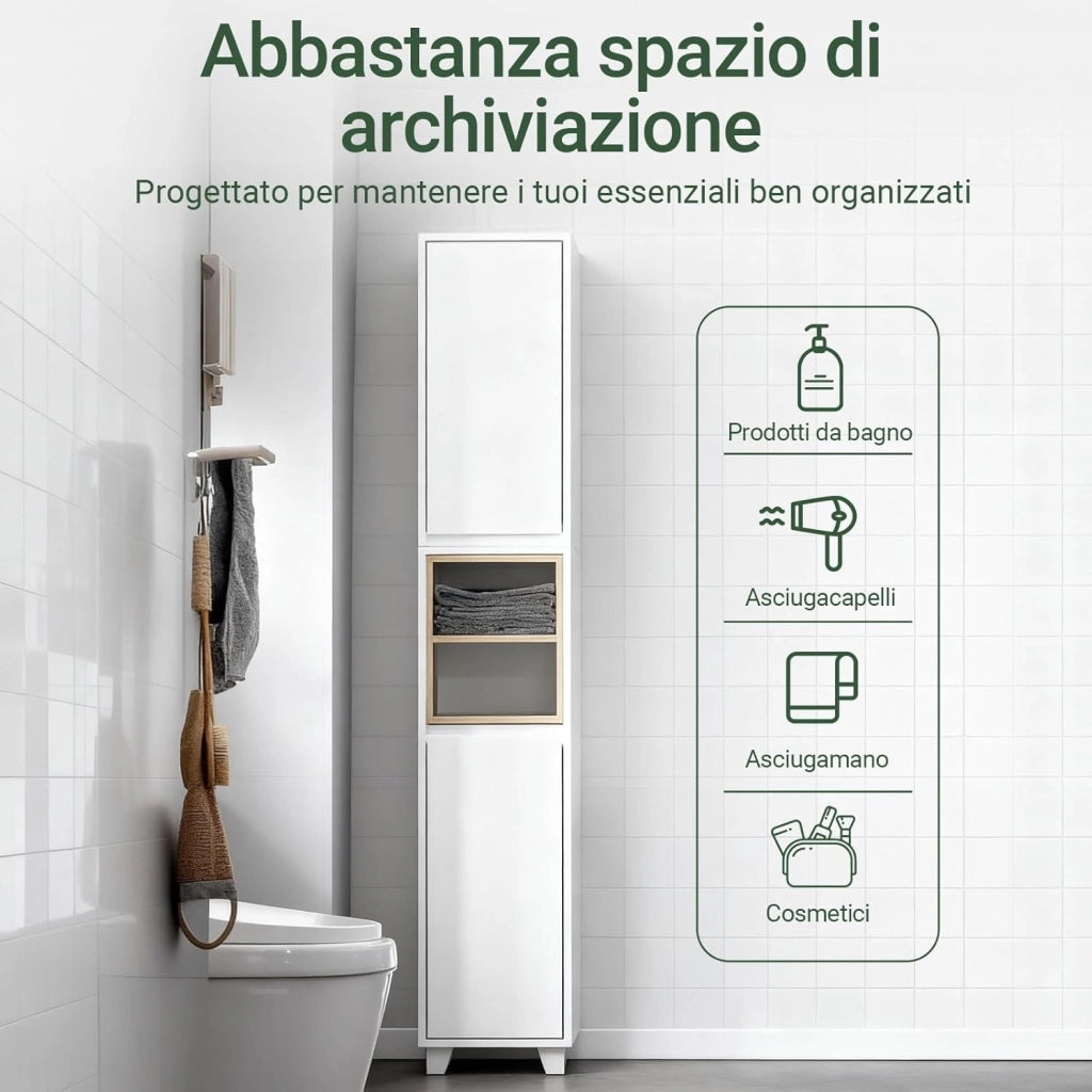 Mobile Bagno Alto e Stretto – Armadietto Salvaspazio con Ripiani Aperti e Ante – Mobiletto Bagno Bianco in MDF/PB, 30x170x30 cm, Modello BZR147-W