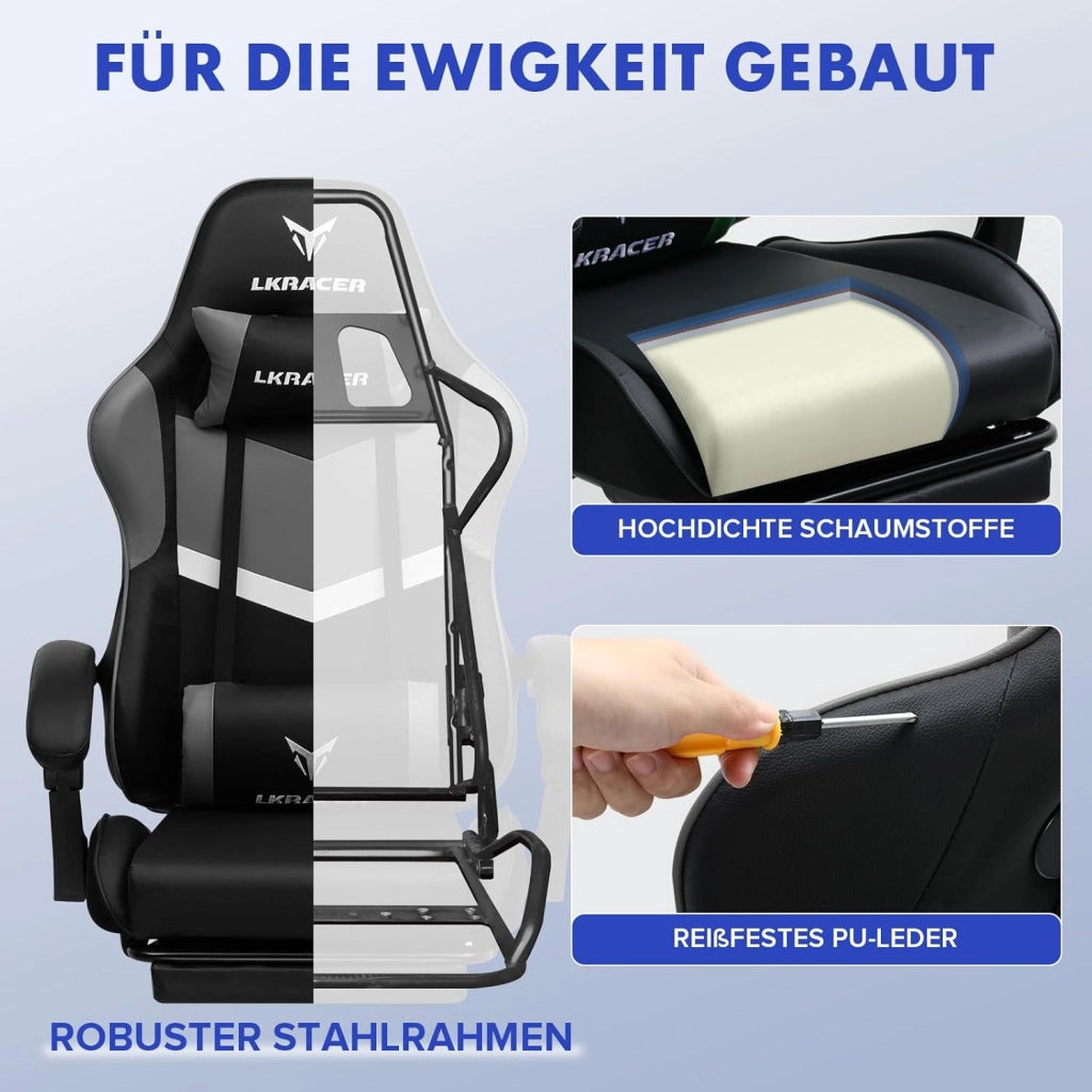 Sedia da gioco con poggiapiedi, ergonomica, con cuscino lombare regolabile, cuscino da gaming, sedia da gamer, altezza regolabile, portata 150 kg