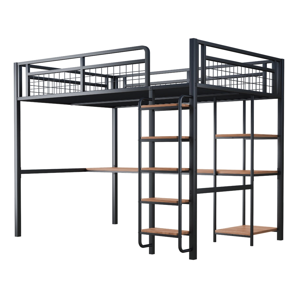 OKWISH Letto a Soppalco 140×200 cm, Letto Matrimoniale con Scala a Gradini, Scrivania e Mensole, senza Materasso, in Metallo, Nero