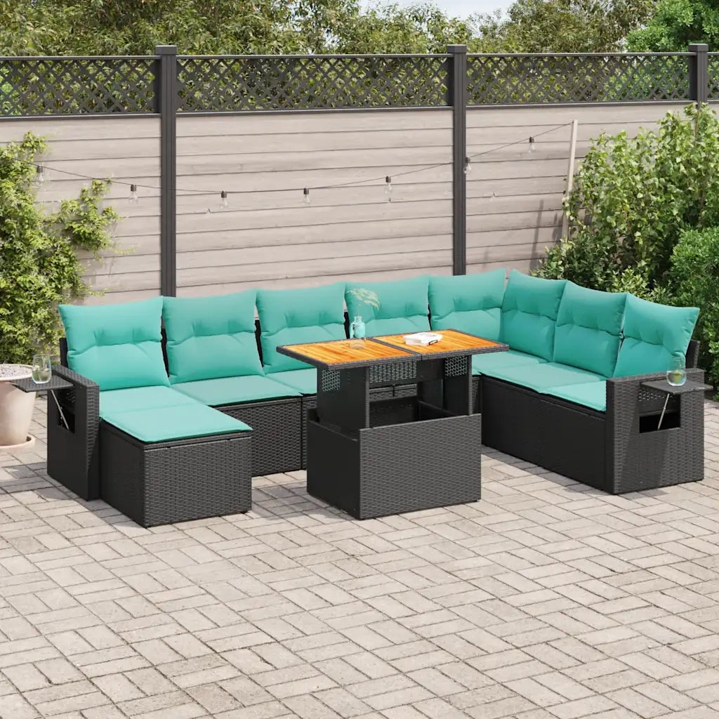 Set Divani da Giardino 9 pz con Cuscini Nero in Polyrattan 3327186