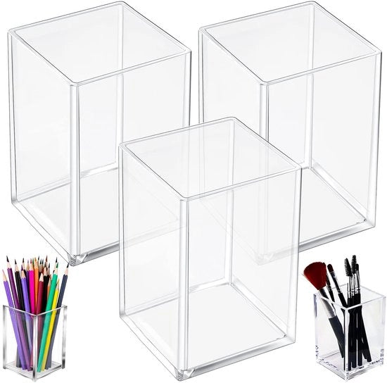 Pen tappo in acrilico per il tavolo, 3-pack pen tappo, pen tappo trasparente, organizzatore per pennelli per conservare carta da lettere e pennelli cosmetici (10,5 x 6,7 x 6,7 cm)