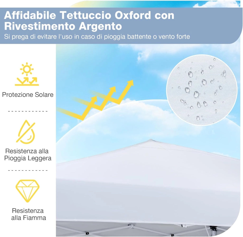 Gazebo da Esterno Pieghevole 290 x 290 cm, Gazebo Pop up con 4 Sacchi di Sabbia e Borsa da Trasporto, Regolabile in Altezza, Telaio Robusto in Metallo, per Mercato, Campeggio (Bianco)