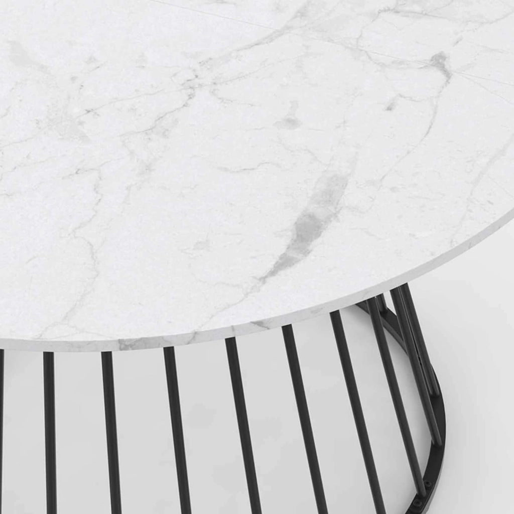 Tavolo da pranzo rotondo YUNA 6 persone con piano in marmo bianco ALASKA e gamba in filo metallico nero 110 cm