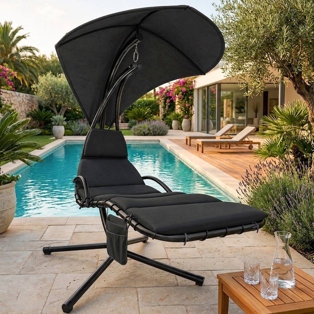 Sdraio Pensile Con Tettuccio Parasole Integrato E Cuscino Ergonomico Amaca Da Giardino In Acciaio E Poliestere 195 x 132 x 197 Cm Nero
