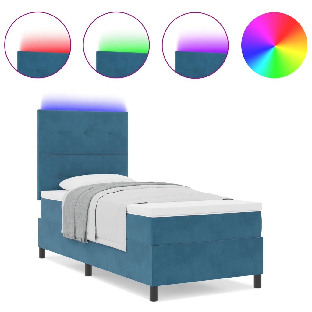 Letto Box Spring con Materasso e LED Blu Scuro 90x190 cm Velluto