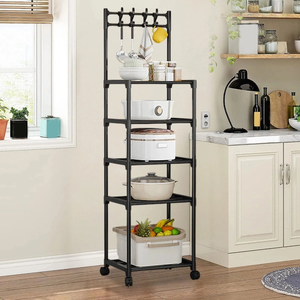 Trade Shop - Carrello Portaoggetti A 5 Ripiani Scaffale Multiuso Con Ruote Ganci Per Cucina Bagno Nero -