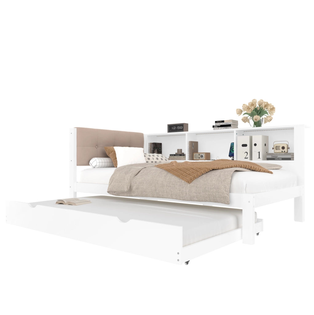 Letto 90x200 cm con letto estraibile; LED e USB in legno bianco