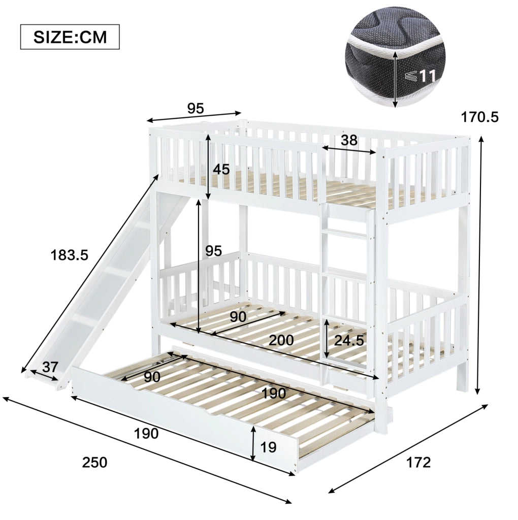 Letto a castello bianco 90x200 cm con letto estraibile, scivolo e scale