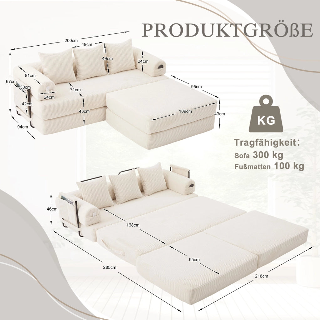 Divano modulare in corduroy beige con struttura in metallo; tasca laterale e 3 cuscini; 200 x 190 x 67 cm