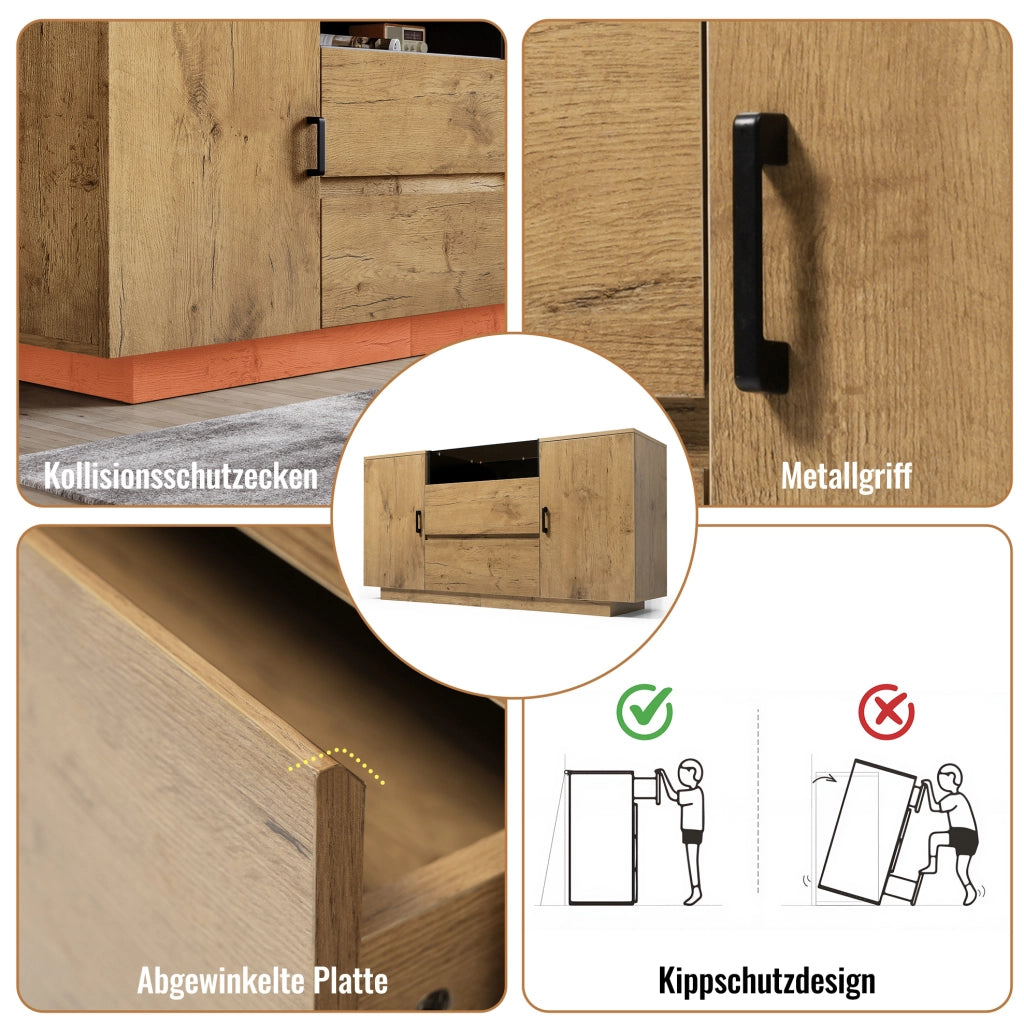 Credenza in rovere chiaro 140 cm con vetro ESG e 2 cassetti