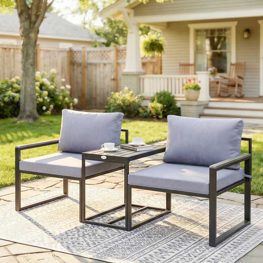 Set da Esterno 3pz con Tavolo da Giardino e 2 Sedie con Seduta in Texteline e Cuscini, Grigio