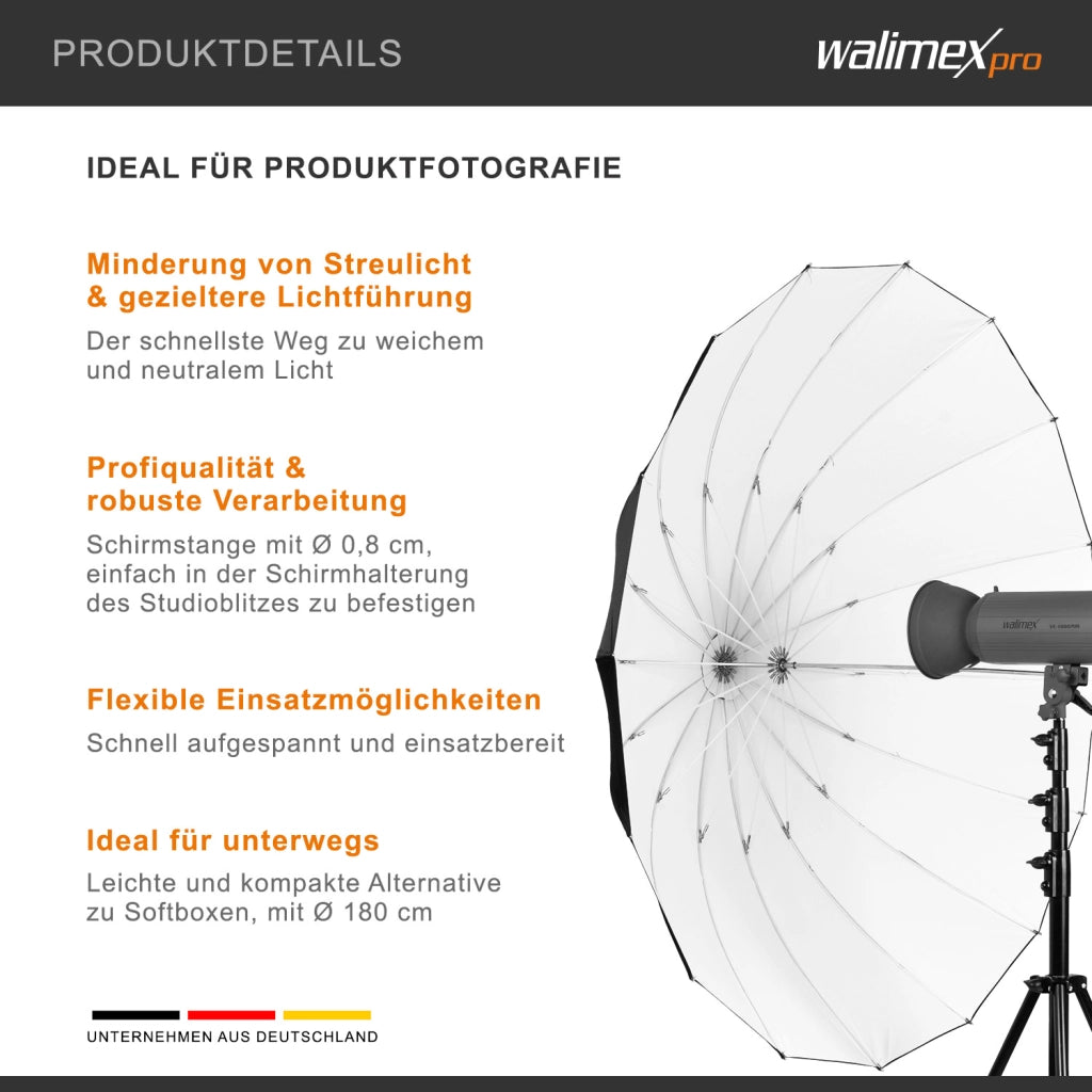 Ombrello reflex Ø 180 cm bianco/nero per luce morbida, riflettore per la riduzione di luce diffusa, sagomatore per flash da studio, ideale per la fotografia di prodotti