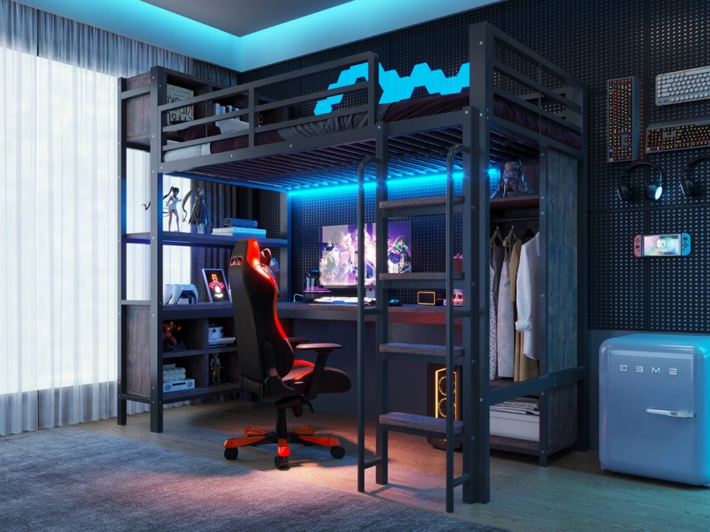 Letto a soppalco singolo 90 × 200 cm con scrivania, armadio, prese e led, senza materasso, metallo nero