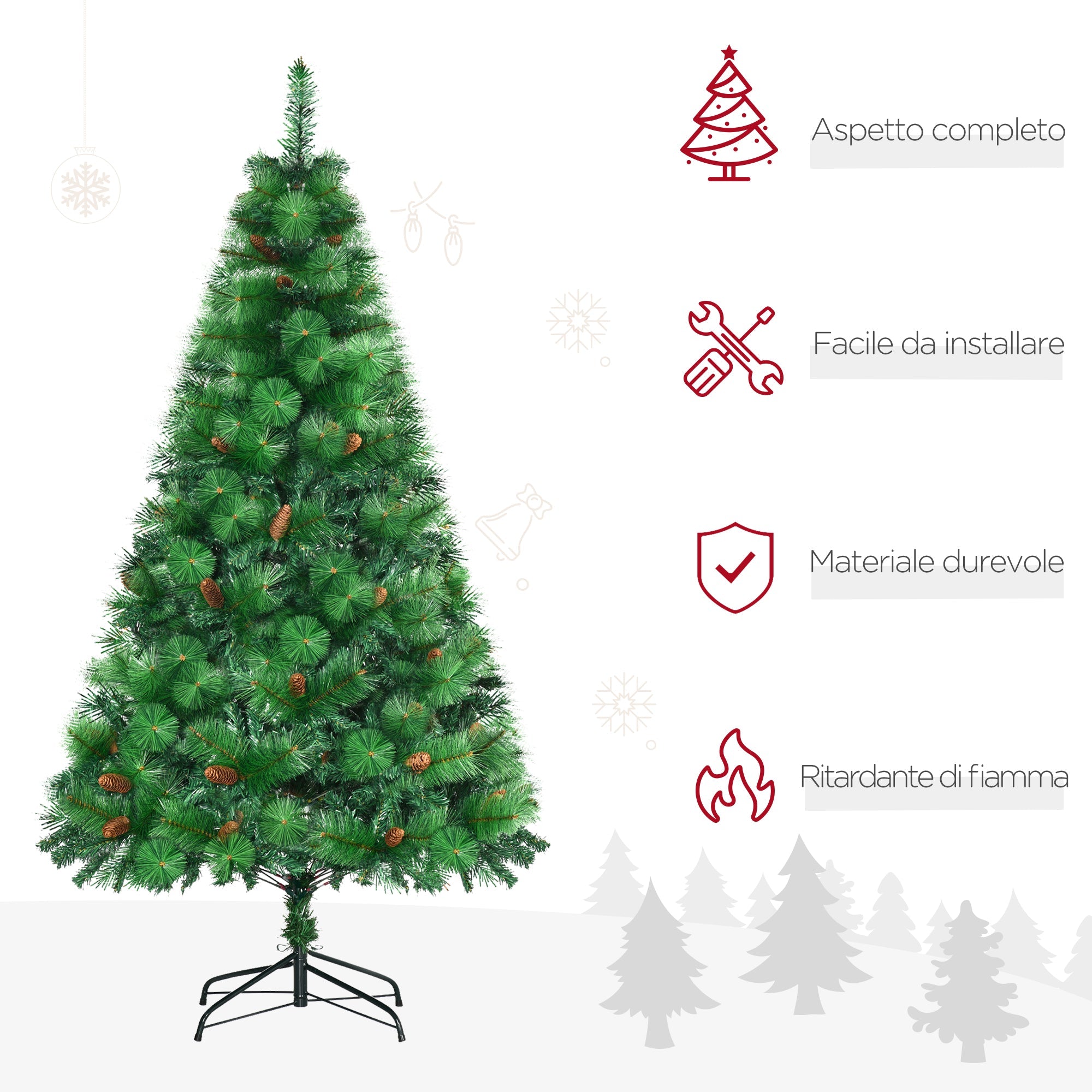 Albero di Natale Artificiale H180 cm 782 Rami con Decori e Base in Metallo Verde