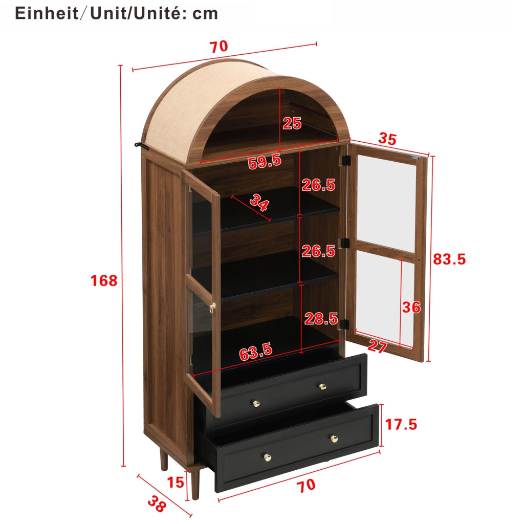 Sideboard con ripiani regolabili 70x38x165 cm in MDF e vetro colore noce