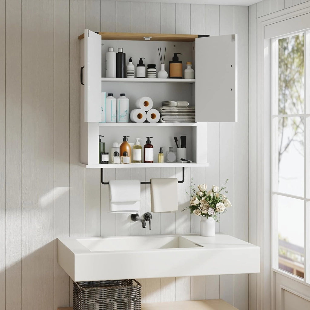 Armadietto da Bagno da Appendere con Porta Asciugamani, 3 Ripiani e Ante | Armadio a Parete Multiuso per Bagno, Cucina, Corridoio | 60 x 20 x 72,5 cm