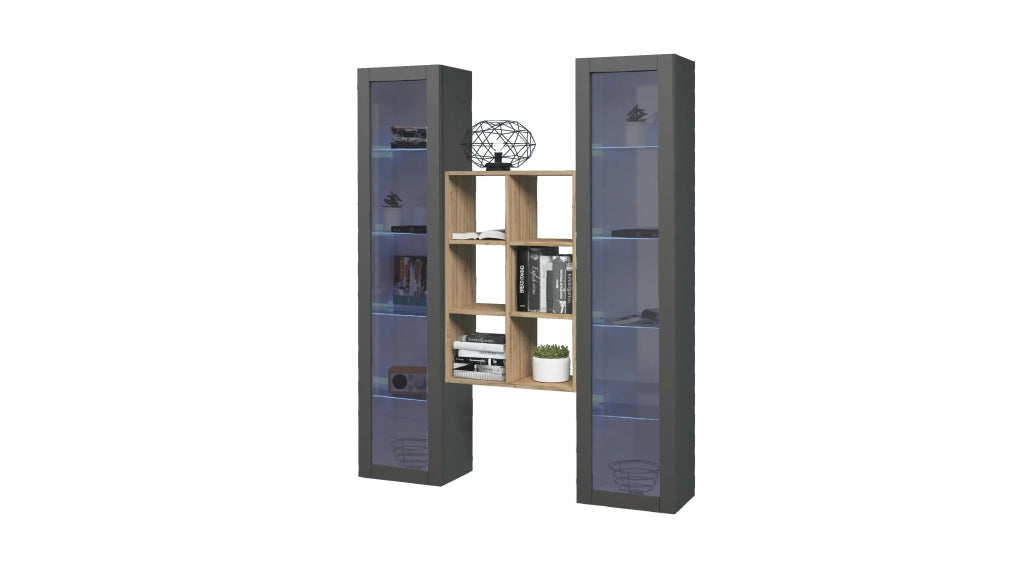 Parete attrezzata sospesa grigia libreria in legno 2 vetrine Kesia RT