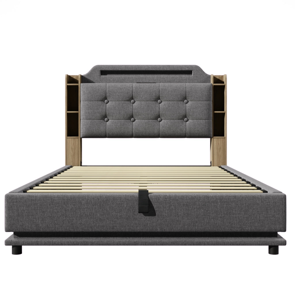 Letti contenitori 140x200 cm con luci LED e vano contenitore; lino; grigio (Senza materasso)